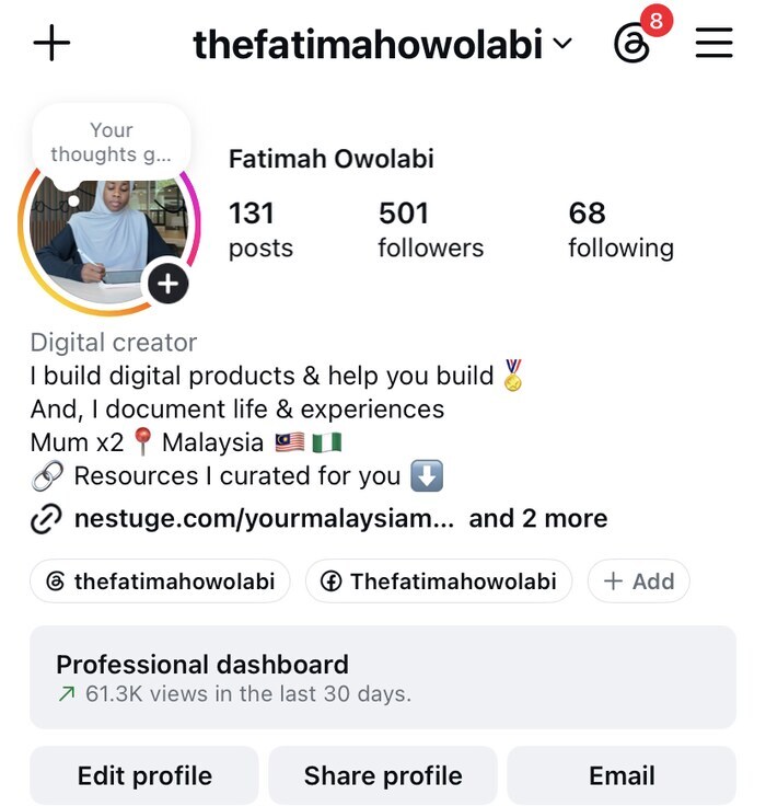 Same Instagram account after showing up consistently — 131 posts, 501 followers