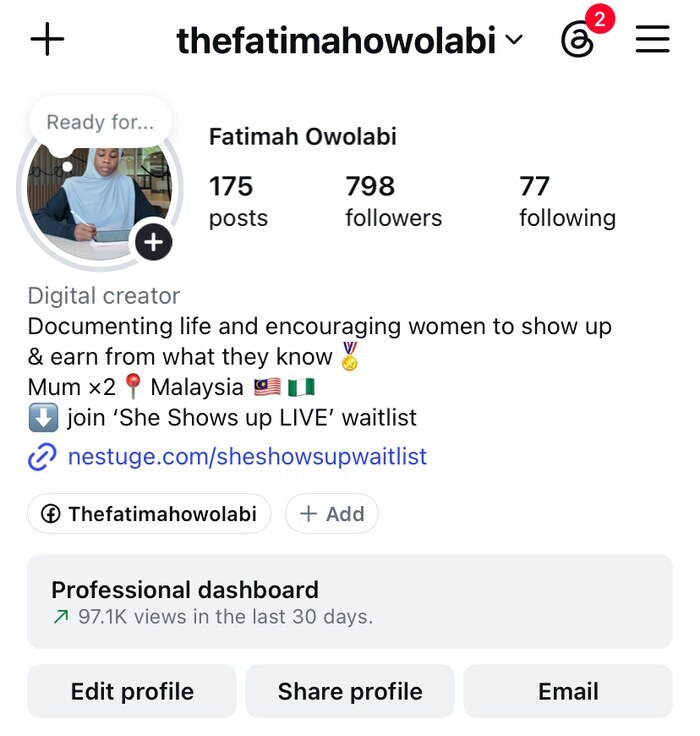 Fatimah's current Instagram profile — 798 followers, 97.1K views in the last 30 days, She Shows Up LIVE waitlist in bio