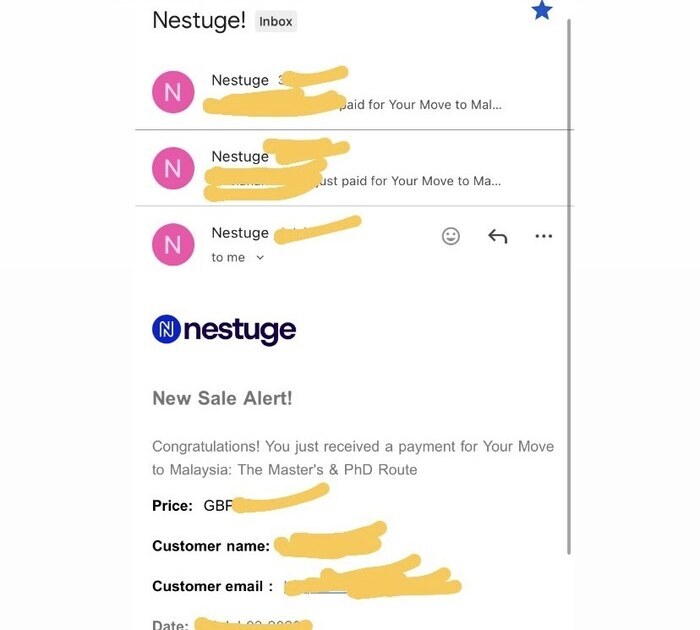 Sale notification email confirming a real purchase