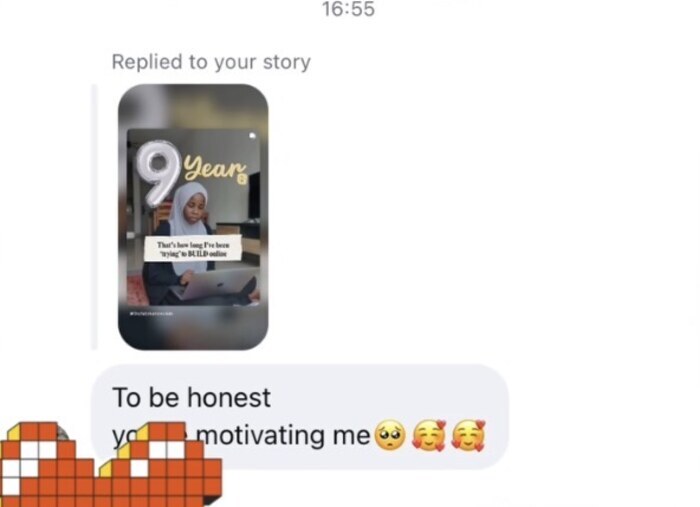 Reply to Fatimah's Instagram story saying she is motivating them
