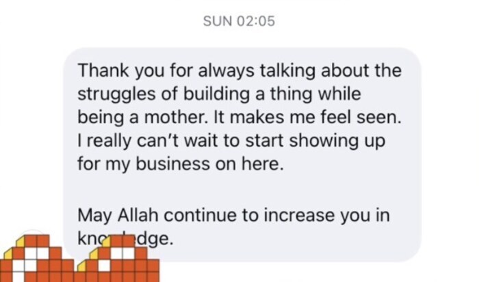 Instagram DM thanking Fatimah for talking openly about building a business while being a mother